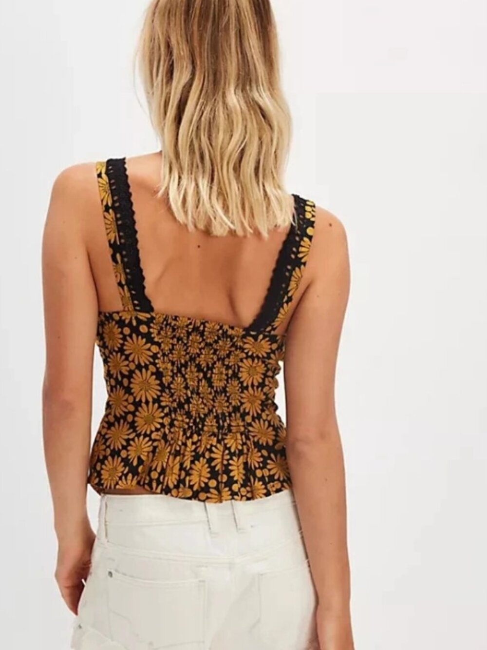 Free People Love Me Not Printed Tank Top Floral Printed Lace Smocked S - Picture 2 of 7